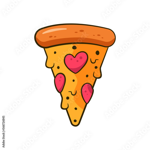 Valentine's slice of pizza with heart-shaped pepperoni. Cartoon. Vector illustration
