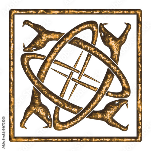 Four intertwined snakes enclosed in a square - Gold on white