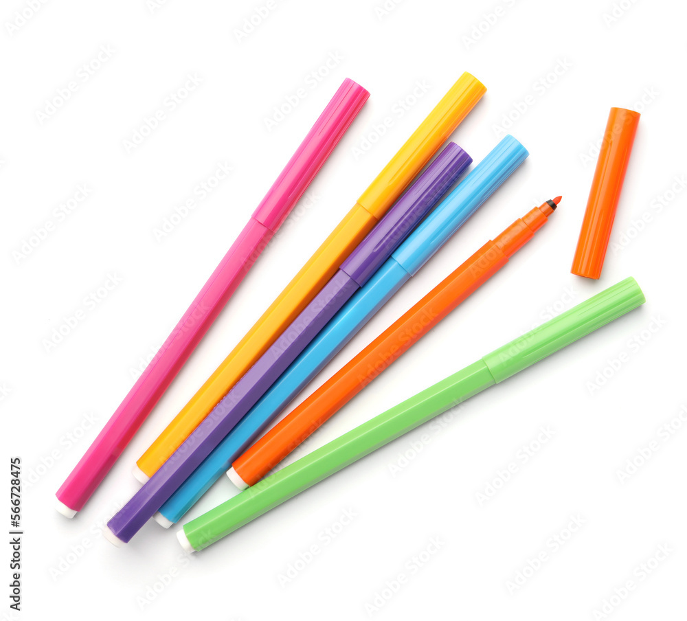 Many bright markers isolated on white, top view Many bright markers isolated on white, top view