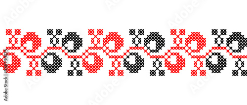 Ukrainian vector ornament, border, pattern. Ukrainian traditional embroidery of berries. Border in red and black colors. Pixel art, vyshyvanka, cross stitch