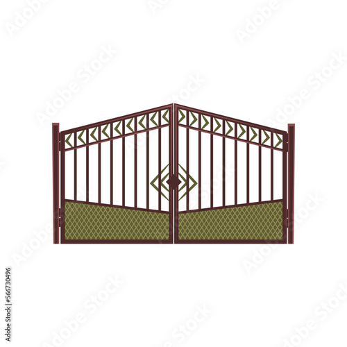 Metal fence gate with lattice decoration vector illustration. Manor barrier with closed door and wrought iron ornaments isolated on white background. Entrance  city concept