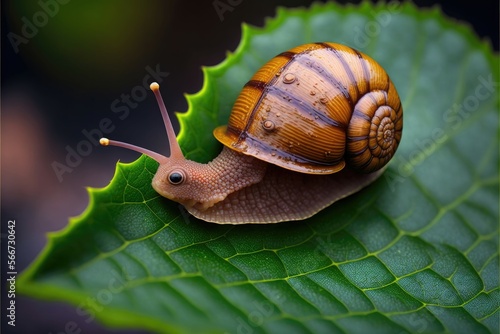 Snail crawling on a leaf. Generative AI