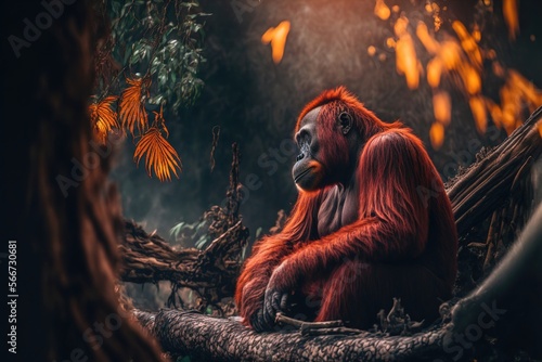 Orang utan sitting by burning trees in the forest. Generative AI