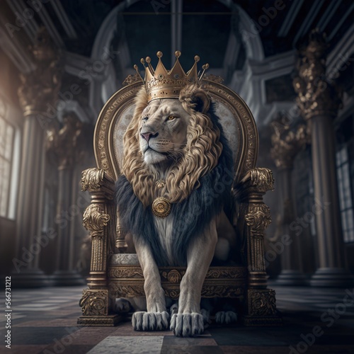 A lion wearing a crown in the old castle. Generative AI
