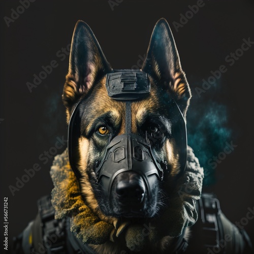 A German Shepherd wearing SWAT police tactical gear. Generative AI.