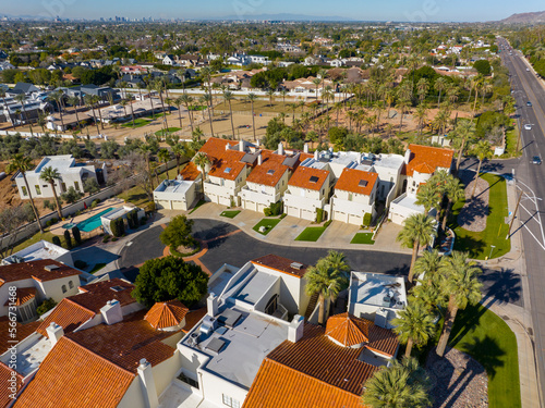 Luxurious historic mansion aerial view at La Montana Camelback at the foot of Camelback Mountain in Arcadia district in city of Phoenix, Arizona AZ, USA. 
