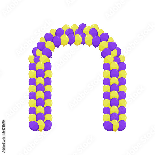 Purple and yellow balloons arch as decoration for party illustration. Inflatable spheres, balloon arch for wedding, festival or carnival isolated on white background. Decoration, celebration concept