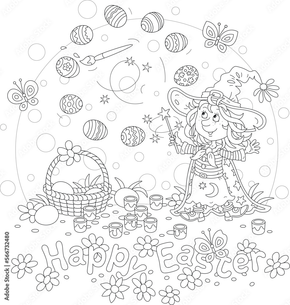 Happy Easter card with a little fairy waving her magic wand, coloring and decorating Easter gift eggs with a flying paintbrush and bright paints, vector cartoon on white