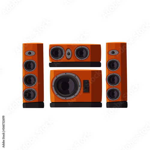 Brown subwoofer speakers for stereo system vector illustration. Cartoon drawing of big audio speakers of different shapes isolated on white background. Music, entertainment, multimedia concept