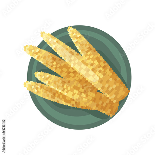 Top view of plate with corn cobs isolated on white background. Food for Thanksgiving dinner vector illustration. Harvesting, cuisine, food concept