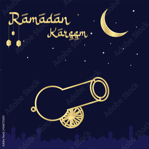 Ramadan Cannon Theme. Happy Ramadan Kareem Greetings and Wishes. Mosque Abu Dhabi on Dark Background Half Moon Lantern Star Vector Design.