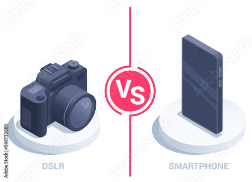 isometric vector illustration on a white background, a digital SLR camera VS a smartphone, which is better for taking photos and videos
