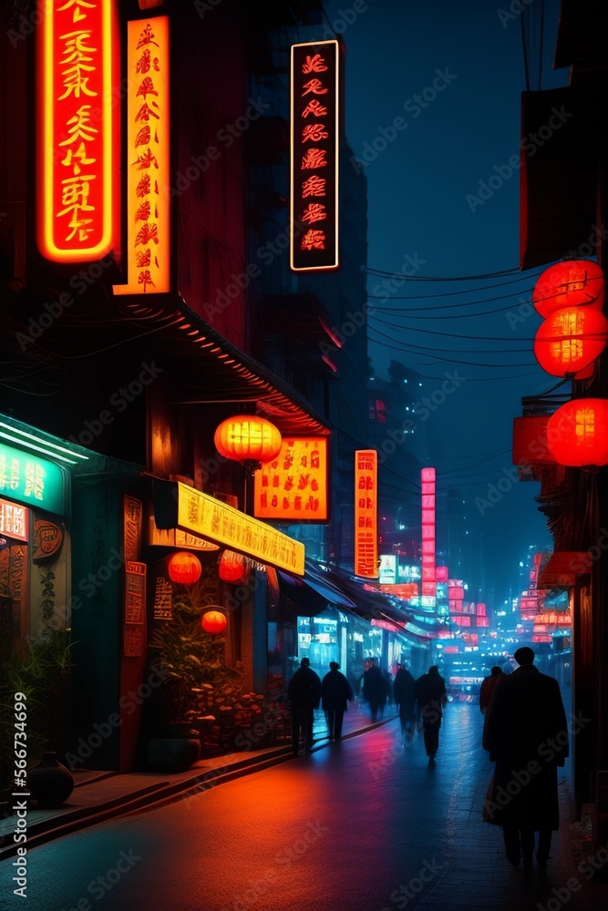 Fototapeta premium Cinematic Chinese street, AI generated illustration