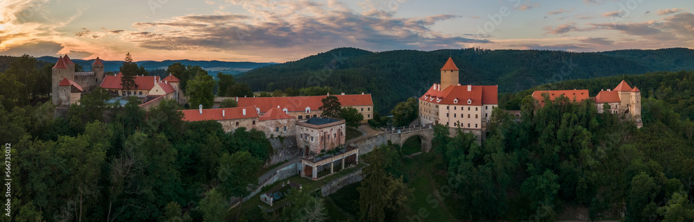 An aerial view of Veveří Castle, located on the banks of the Svratka River in the Czech Republic. An aerial view of Veveří Castle, located on the banks of the Svratka River in the Czech Republic.