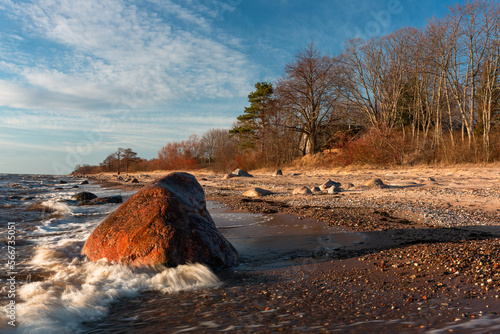 Fototapeta Naklejka Na Ścianę i Meble -  Rocky beach of the Baltic Sea at sunset