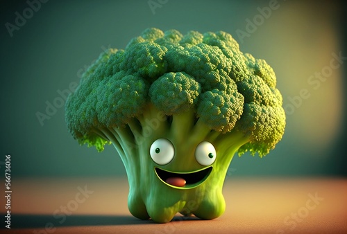 Funny 3d broccoli character with smiley face and copyspace. AI generated.