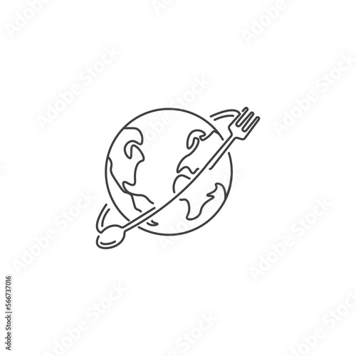 Global Food, globe with spoon and fork. Vector icon logo illustration