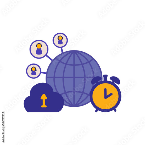 Globe, online people in internet and cloud storage. Internet communication, video conferencing, online meeting, self education, e-learning, webinar, cloud storage vector flat concept