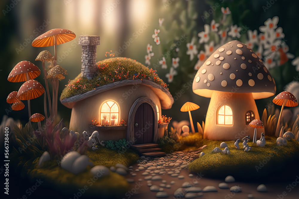 Magic elven houses with fairy tale mushrooms and flowers, fairyland wallpaper, printable beautiful painting. AI generative. - obrazy, fototapety, plakaty 