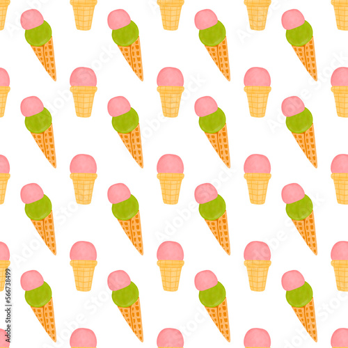 Ice cream in waffle cone watercolor seamless pattern. Summer ice cream digital paper pattern on white background.