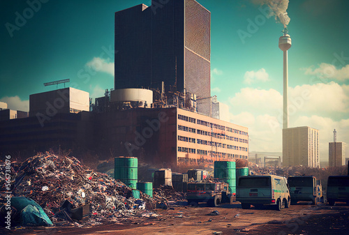 Pile of garbage on street in city, AI Generative. Landfill in city near buildings. Garbage dump in town streets. City after apocalypse, destroyed houses and building, heaps of garbage and car dumps.