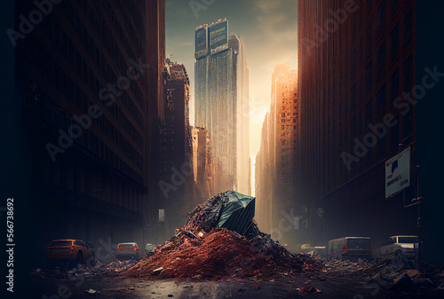 Pile of garbage on street in city, AI Generative. Landfill in city near buildings. Garbage dump in town streets. City after apocalypse, destroyed houses and building, heaps of garbage and car dumps.
