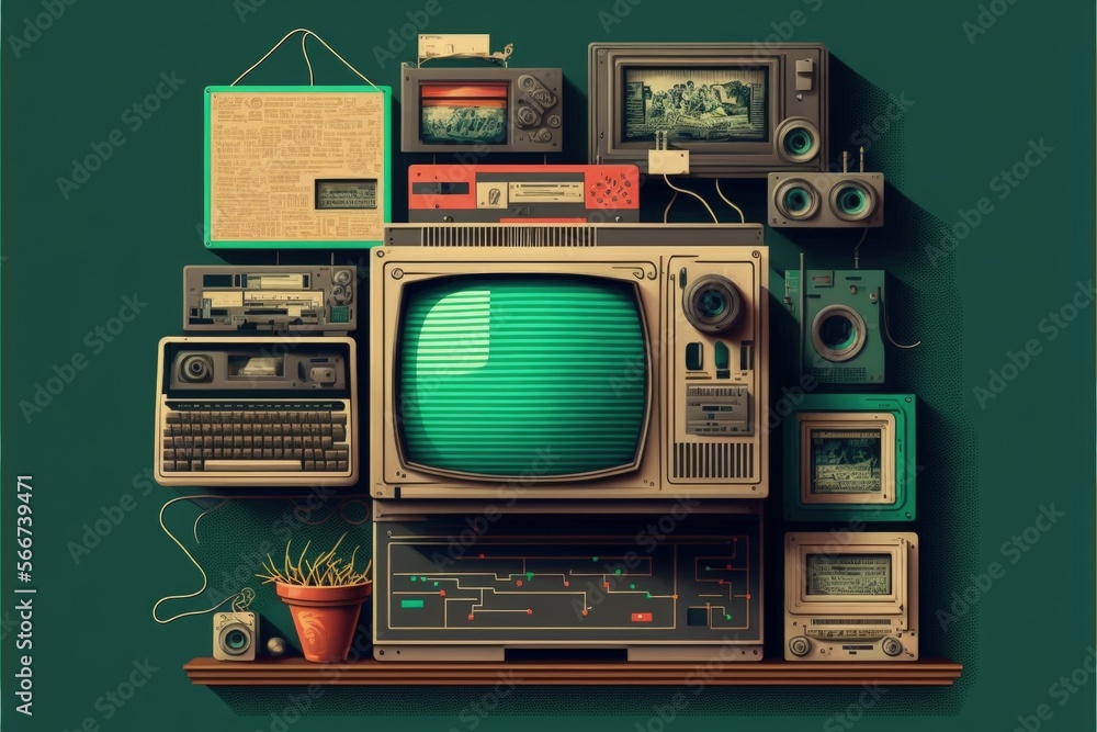 Background with electronics and old objects from the 80s and 90s, retro. Generative AI Background with electronics and old objects from the 80s and 90s, retro. Generative AI