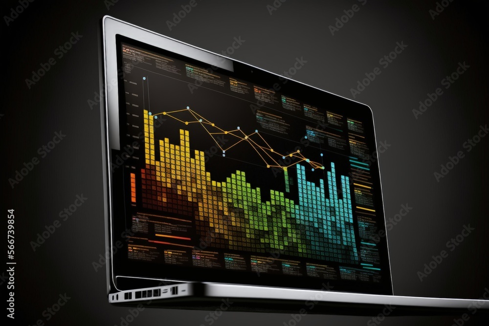 Graph illustration on laptop screen, black background. Generative AI Graph illustration on laptop screen, black background. Generative AI