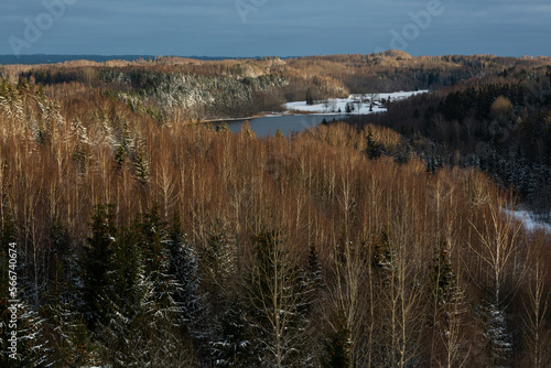 sunny snowy winter day in the countryside with lake