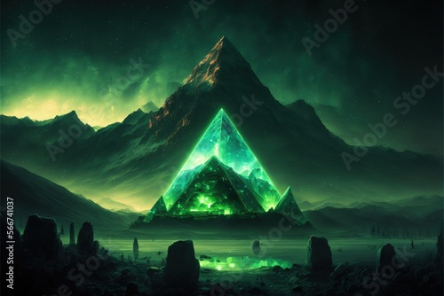 Landscape with green crystal pyramid and mountains in the background. Generative AI photo