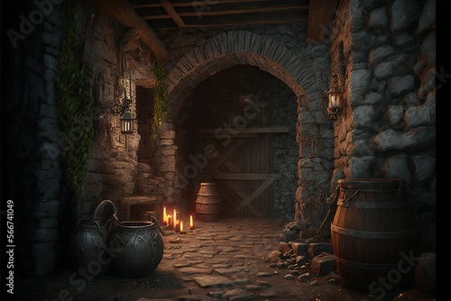dungeon with a closed doors, candles and a barrell illustration generative ai