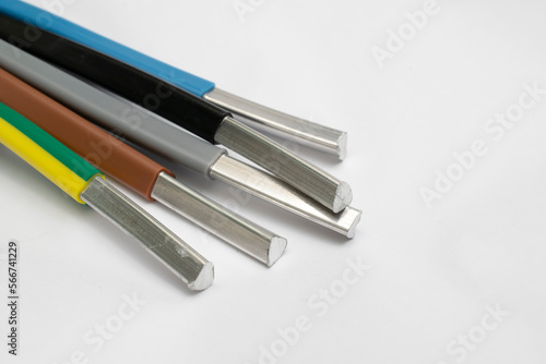 aluminum electrical cables, ends of wires, on a white background