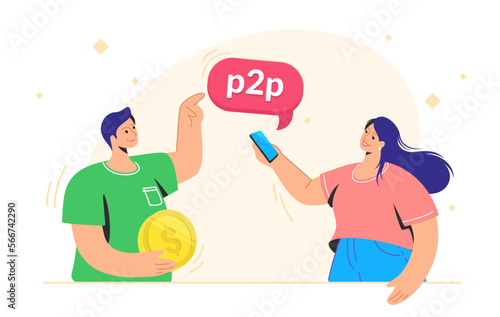 Happy man holding golden coin and sending money to woman via p2p cryptocurrency exchange. Flat vector illustration of people who exchange money from one person to another through online crypto market