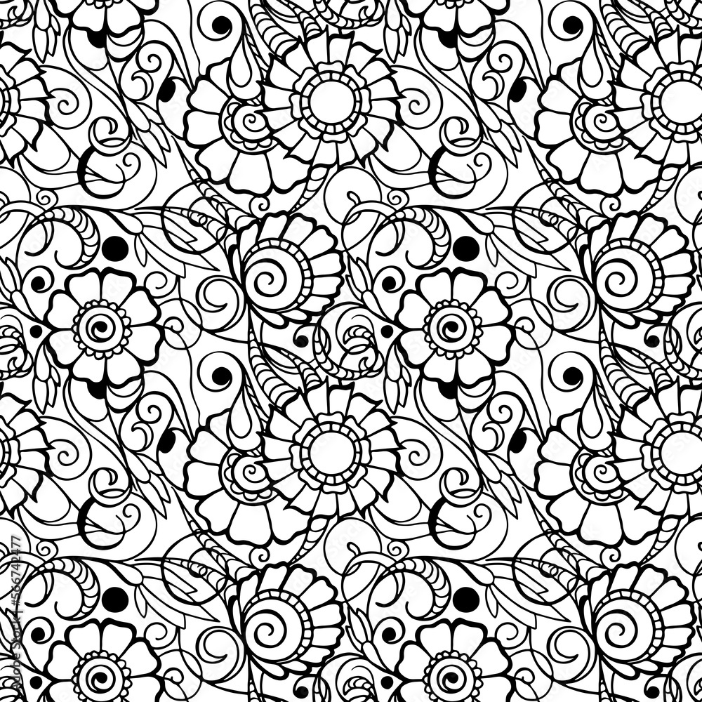 Fototapeta premium seamless pattern of black contours of flowers on a white background, texture, design
