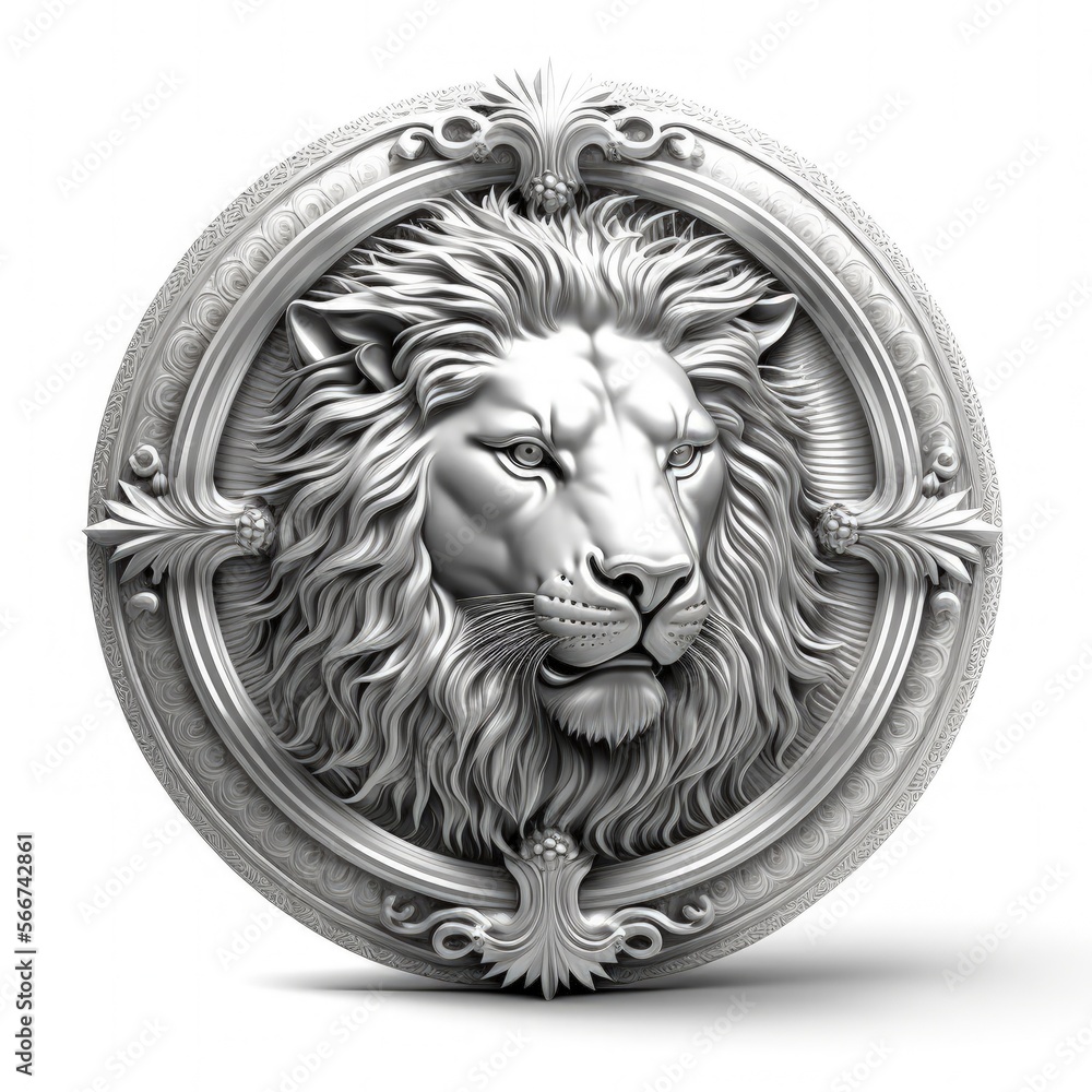 3D silver medallion emblem with lion, white background. Generative AI