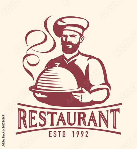 Chef in hat holds tray with lid for hot dish. Emblem or logo design for restaurant menu. Cooking vector illustration