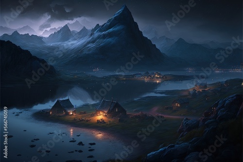 Night landscape of a viking village with mountains, river and rustic houses. Generative AI