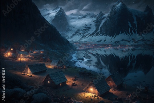 Night landscape of a viking village with mountains, river and rustic houses. Generative AI