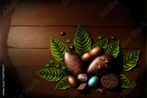 Wooden background with easter eggs and leaves. Generative AI