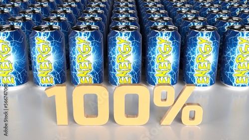 100% Energy Soda Cans stacked behind 3D text showing 100% in bold