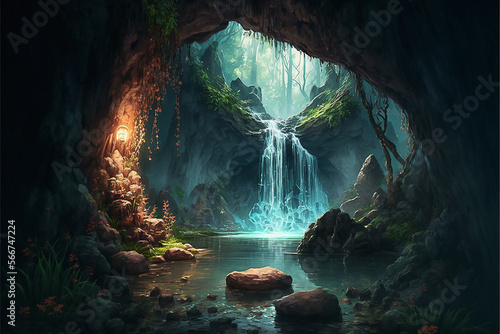 Leinwand Poster caverna com linda cachoeira e mata conto de fadas