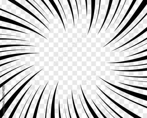 Vortex radial black lines on transparent background. Manga book page design. Swirled comic attention template. Surprise, splash, explosion, power, scream, motion, burst effect