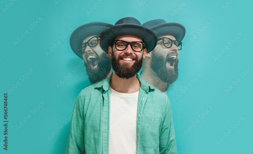 Portrait of a man experiencing internal suffering with different emotions with a calm joyful and angry screaming expression. schizophrenia or dissociative identity disorder