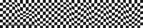 Distorted chessboard background. Dizzy checkered visual illusion. Psychedelic pattern with warped black and white squares. Race flag texture. Trippy checkerboard surface