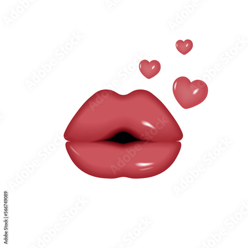 3D sexy red lips and three hearts. Women's glossy realistic lips on white background.  Decoration objects for design. Vector illustration.