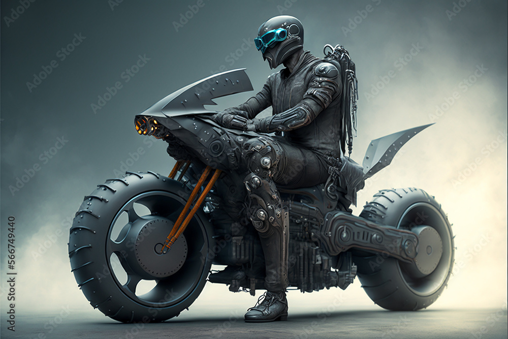 motoqueiro futurista com moto tecnologicamente avançada 