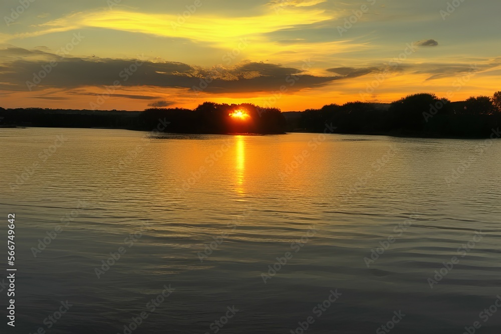 Beautiful golden sunset on the river,boat, Beautiful nature around. - generative ai
