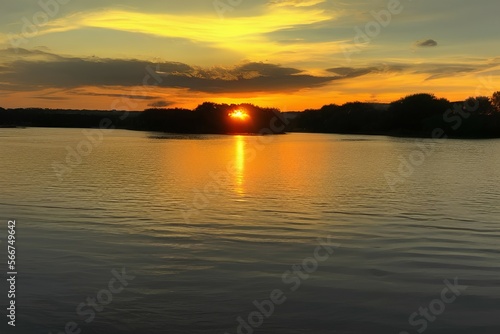 Beautiful golden sunset on the river boat  Beautiful nature around. - generative ai