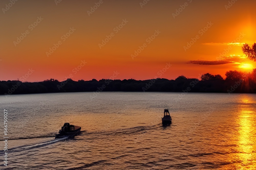 Beautiful golden sunset on the river,boat, Beautiful nature around. - generative ai Beautiful golden sunset on the river,boat, Beautiful nature around. - generative ai
