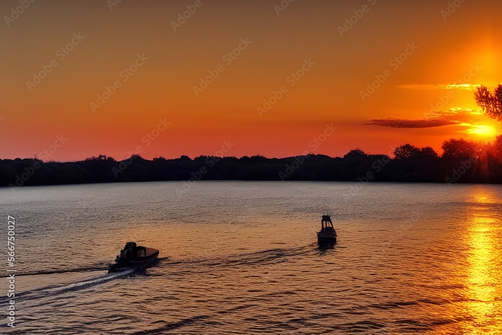 Beautiful golden sunset on the river,boat, Beautiful nature around. - generative ai